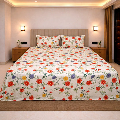 multicolor floral king size soft cotton bedsheet 108x108 printed 180 GSM with quilted pillow covers vibrant bedroom decor