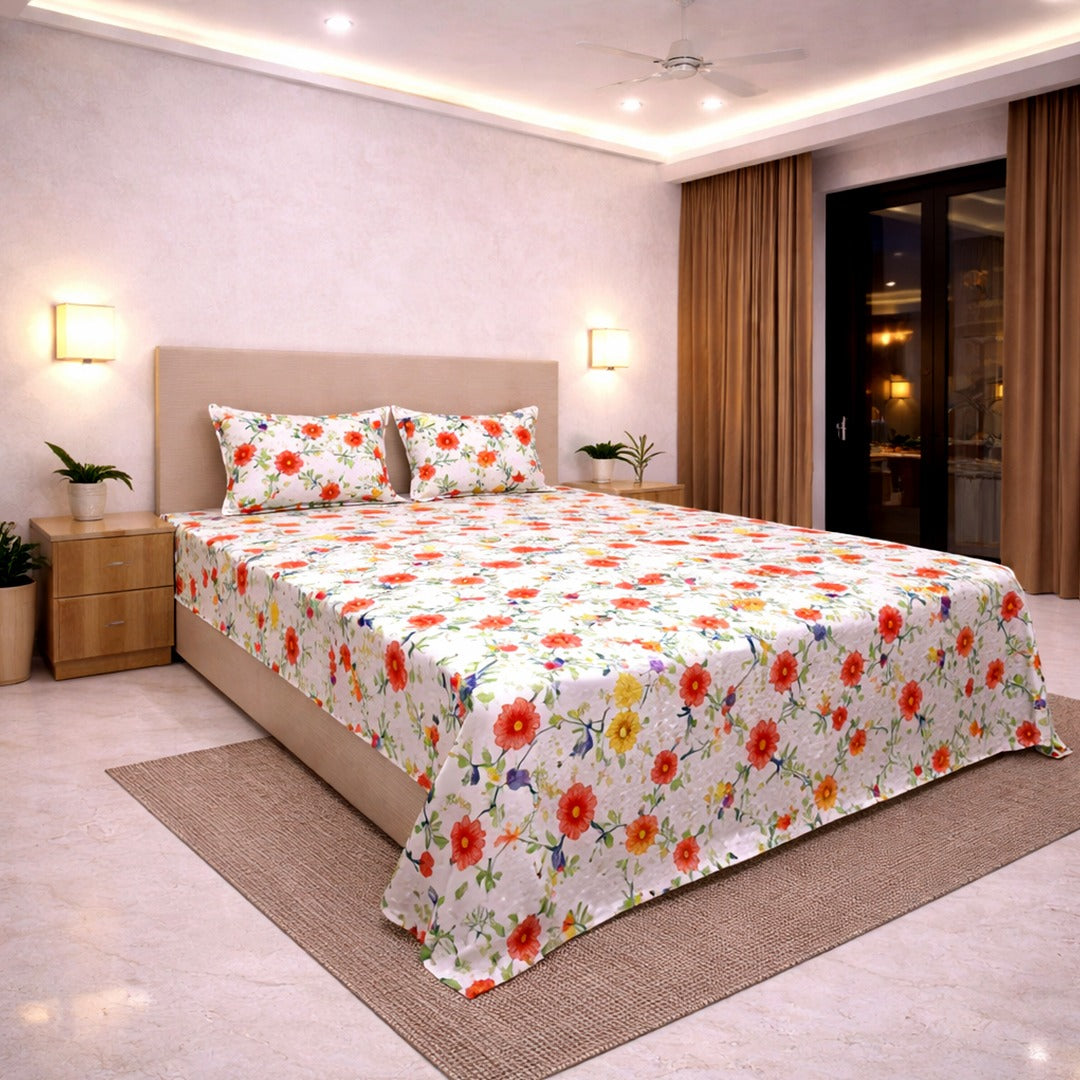 multicolor floral king size cotton bedsheet 108x108 printed 180 GSM with quilted pillow covers vibrant bedroom decor