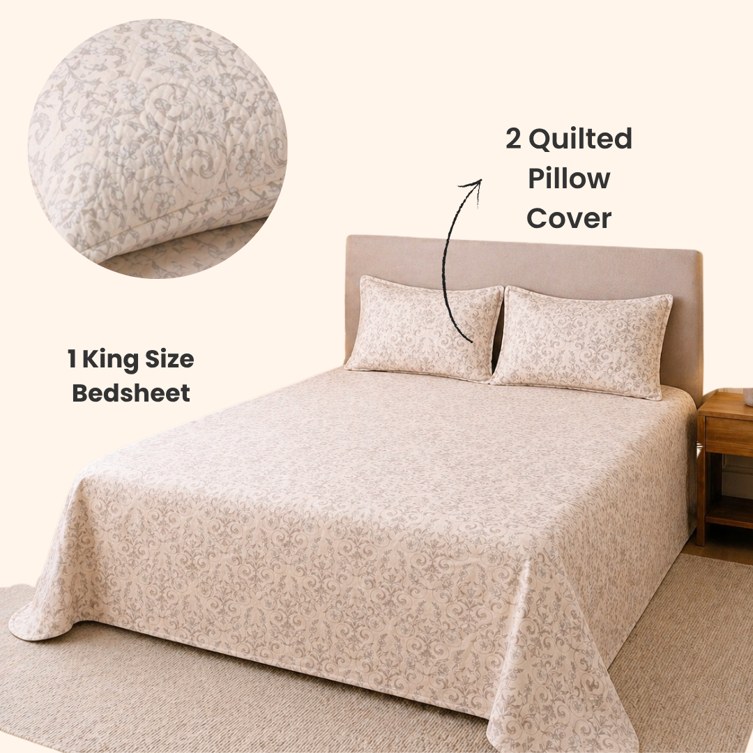 Bedding set with king size bedspread, two quilted pillow covers, and a close-up of a quilted pillow on a bed