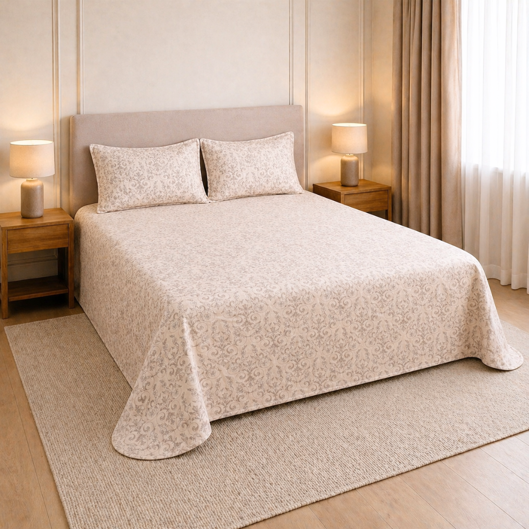 Beige floral-patterned bedspread on a bed in a king size bed in a room setting with lamps and curtains.