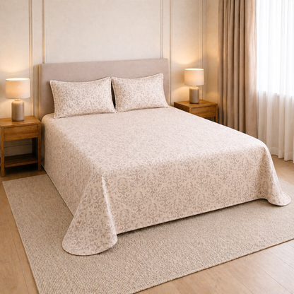 Beige floral-patterned bedspread on a bed in a king size bed in a room setting with lamps and curtains.