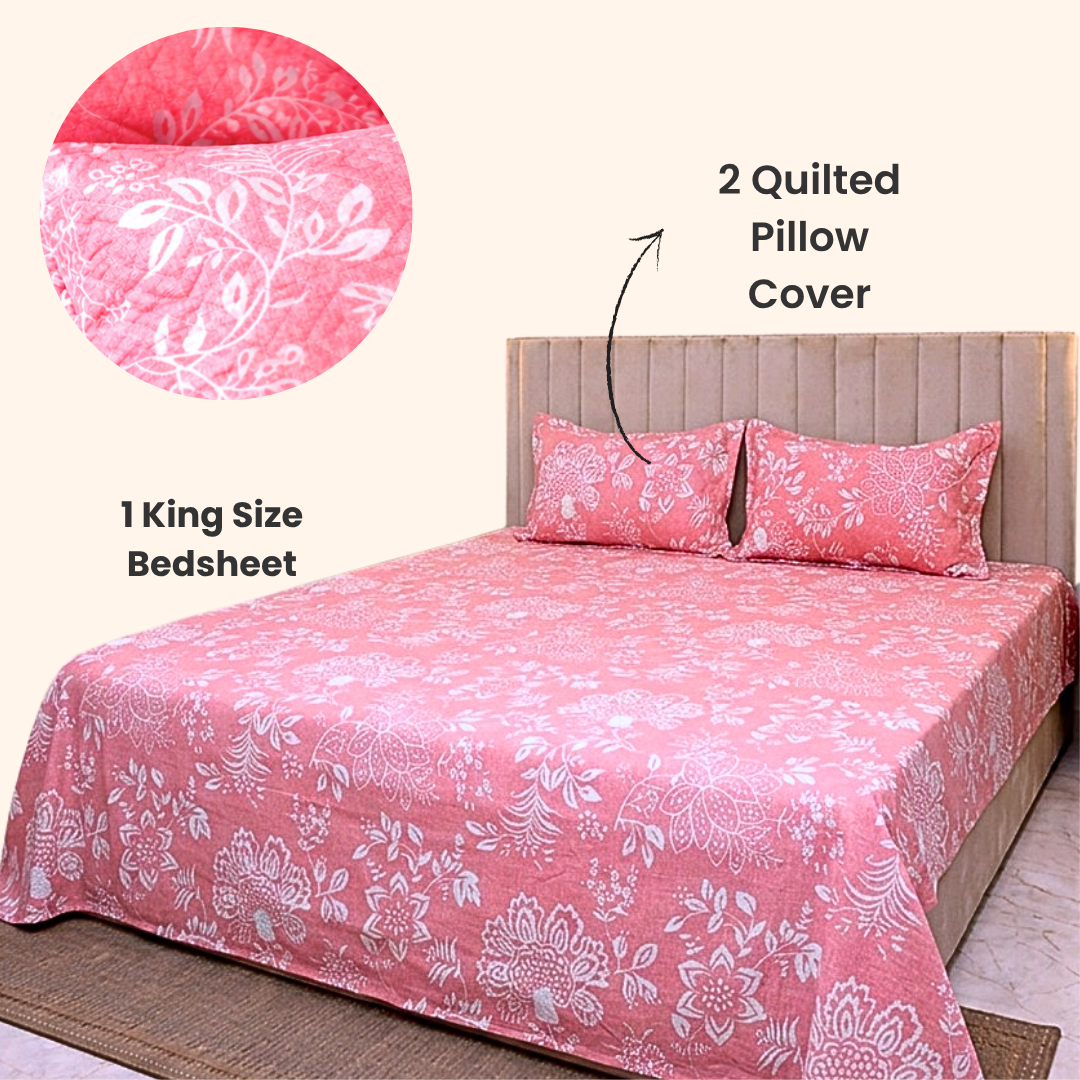 modern bedroom with king size soft cotton bedsheet floral design with pillow covers
