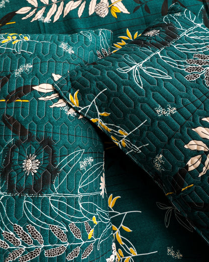 Anthurium Dark Green King Size Bedsheet Set with Quilted Designer Pillow Covers – Ultra-Soft, Breathable, and Luxury Bedding for All Seasons