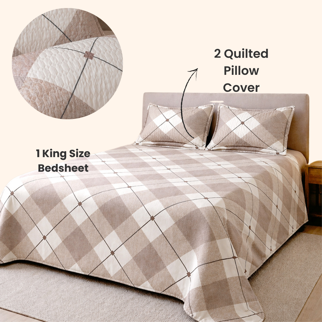 King size bed with plaid patterned quilt, two pillow covers, and a close-up of a quilted pillow cover.