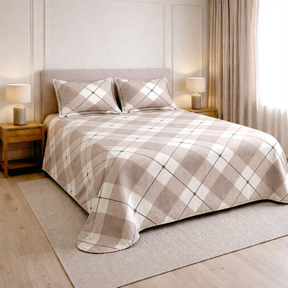 sand color cotton feel bedsheet side view king size in minima design with quilted pillow covers